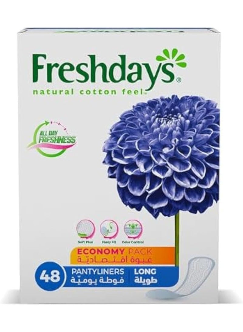Freshdays Natural Cotton Feel Long Pantyliners Soft Plus Flexy Fit & Odor Control Daily Freshness Economy Pack 48 Liners - Image 2